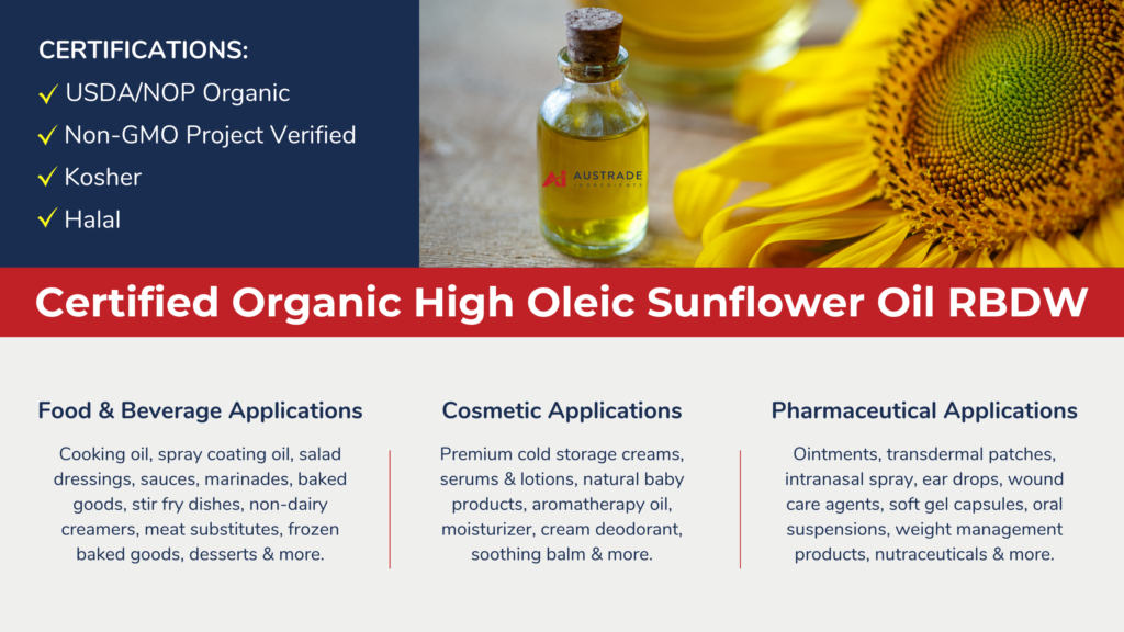 Small glass bottle filled with light yellow translucent oil with Austrade logo next to a sunflower with target food and beverage, cosmetic and pharmaceutical applications.