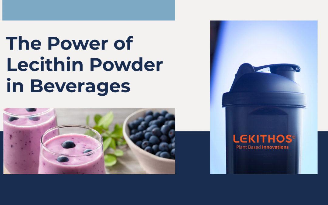 Blueberry smoothie next to navy blue Lekithos branded shaker bottle